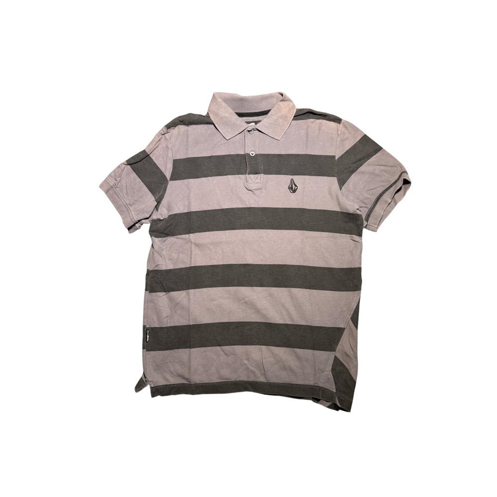 Vintage Y2K Volcom Mens Striped Polo Shirt Grey Charcoal Short Sleeve Skater M